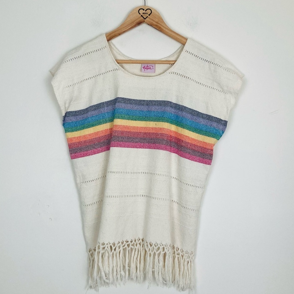 Nativa handmade cream with rainbow motif textured fringed one size poncho top